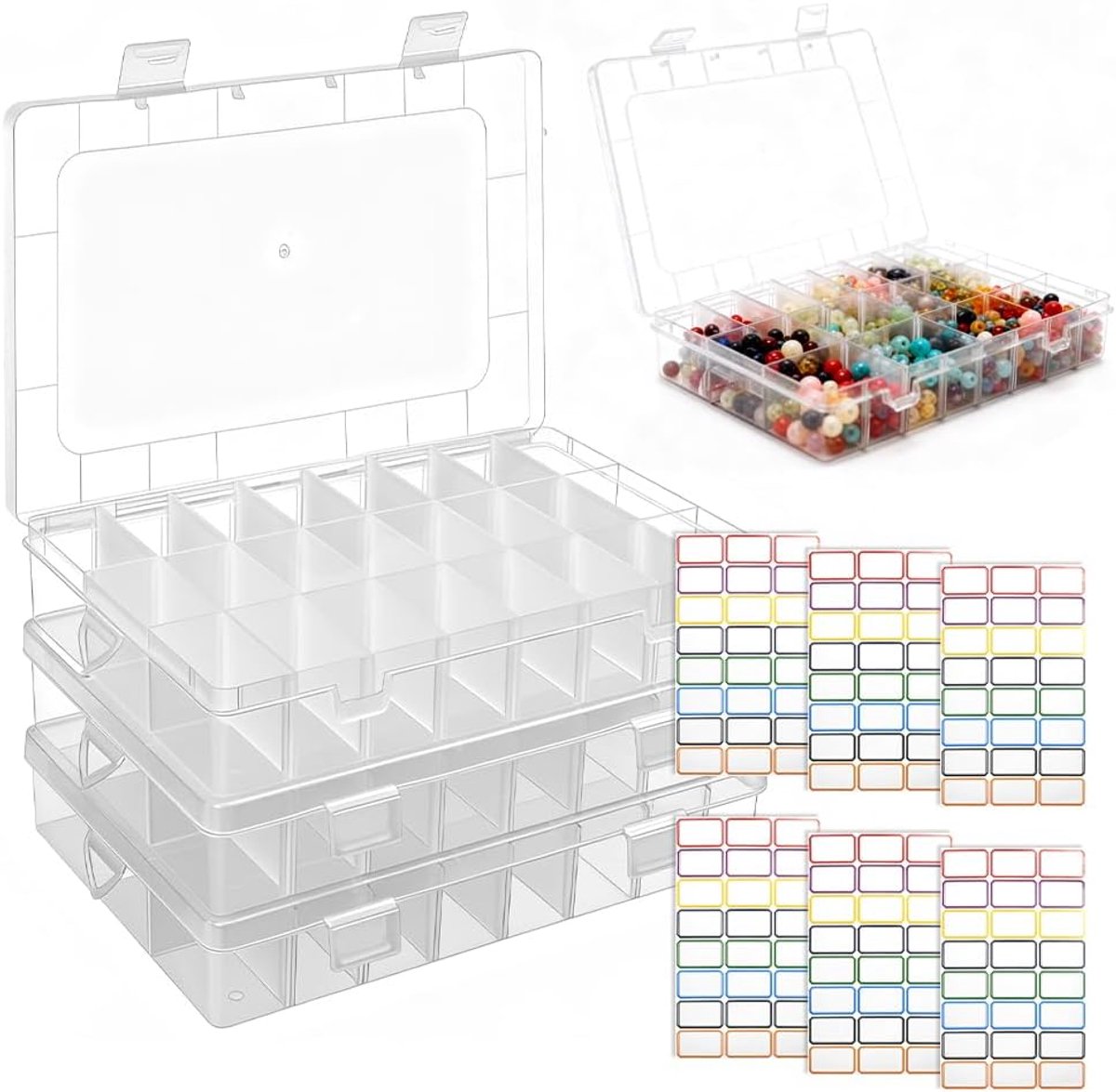 Set van 3 kunststof opbergdozen met 24 vakken, sorteerdozen voor kleine voorwerpen, verstelbare kunststof sorteerdozen met zelfklevend etiket voor oorbellen