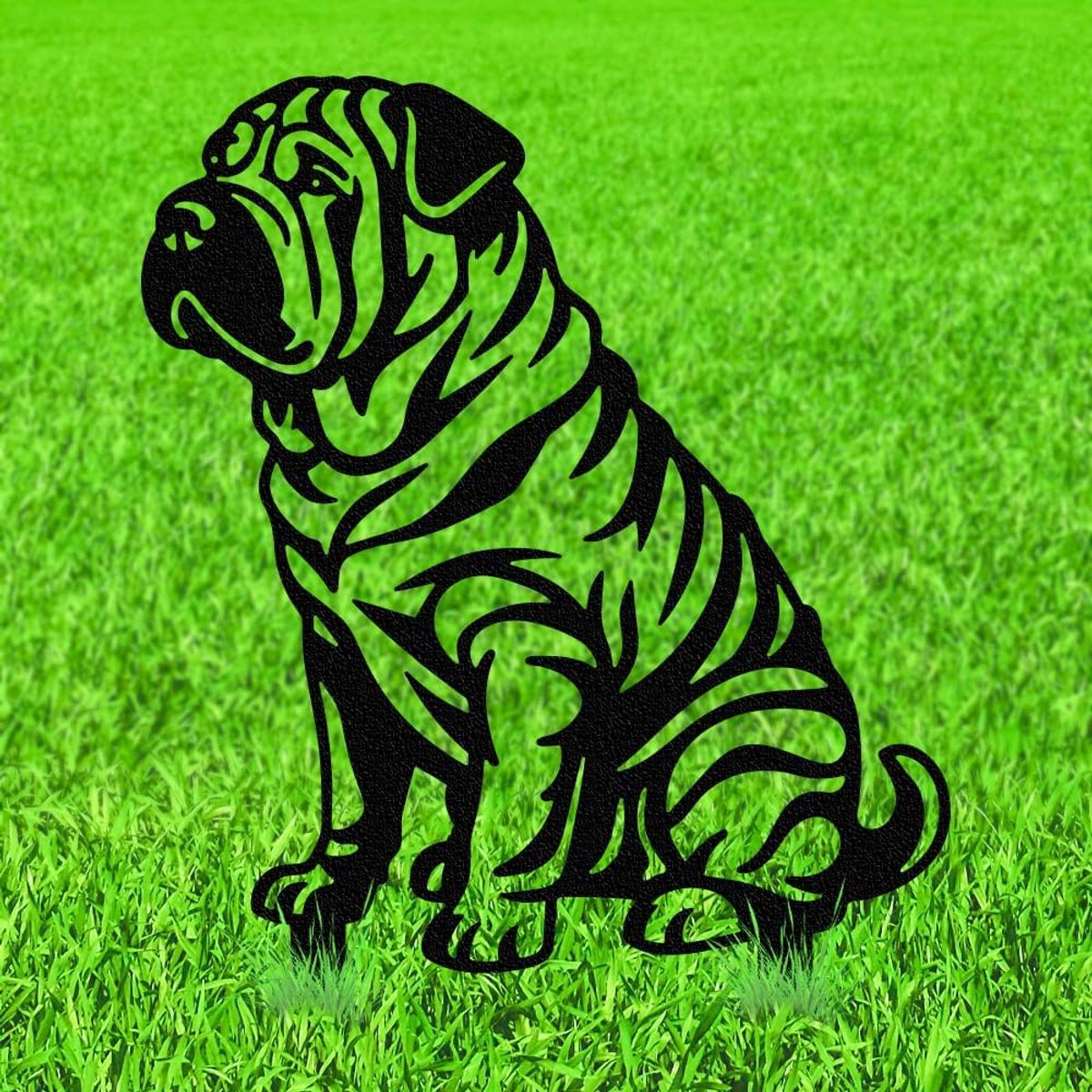 Shar Pei Hond Metalen Decoratieve Tuinsteken, Zwarte Bulldog Buitenstandbeelden Silhouet Grappige Honden Dieren Liefhebber Geschenken Stakes Silhouet Ornamenten voor Tuin Kunst Tuin Patio