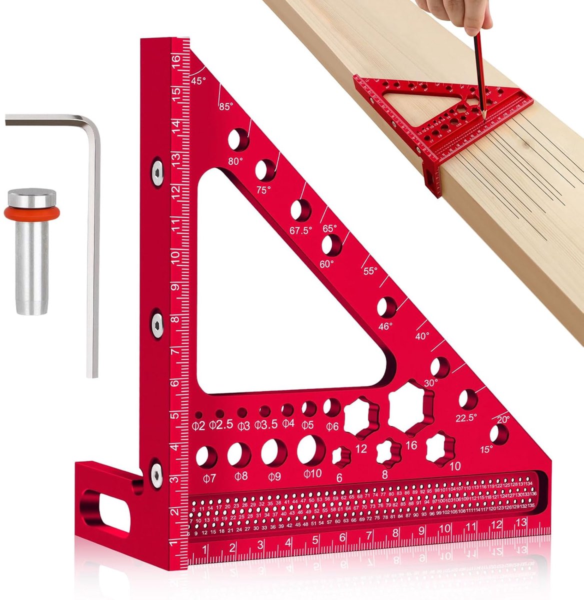 3D-verstekhoek met aanslag, 3D-verstekhoek, multifunctioneel, 22,5-90 graden, aluminiumlegering, lay-out-meetgereedschap, houtbewerking, meetgereedschap voor timmerman, ingenieur (rood)