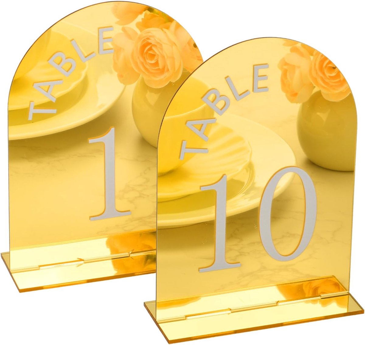 tafelstandaard nummer 1-10 met standaard, 12,8 x 17,5 cm gebogen acryl tafelbordjes, decoratie voor huwelijksreceptie voor bruiloftstafel, feest, jubileum, evenementendecoratie (spiegelgoud)