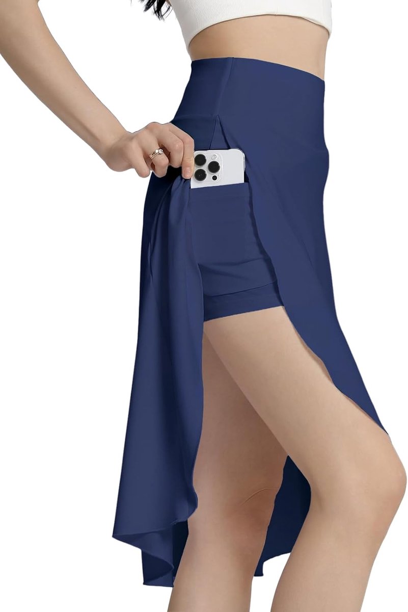 Damesrok met korte broek, atletische rok met hoge taille, met zakken, midi-lengte, vloeiende rok met split aan de zoom met ruches