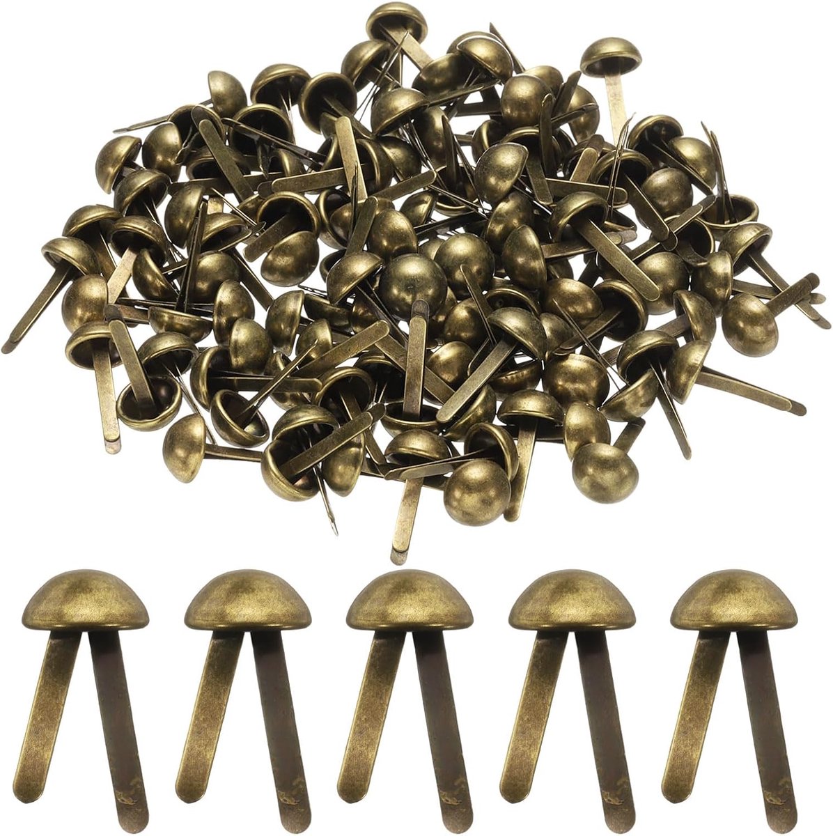100 stuks vlechten papierbevestigingen, 8 mm x 17 mm metalen papierambachtelijke vlechten, kleine ronde messing pin voor kinderknutselen, decoratieve scrapbooking, doe-het-zelf, brons