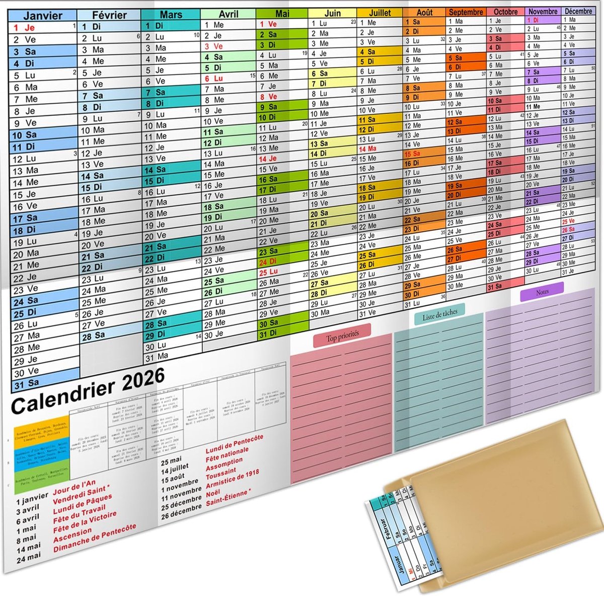 2026, grote kalender, Annuel, A1-planner met Aperçu des Jours Fériés Semaines du Calendrier, plié, 57 cm x 87 cm, Français