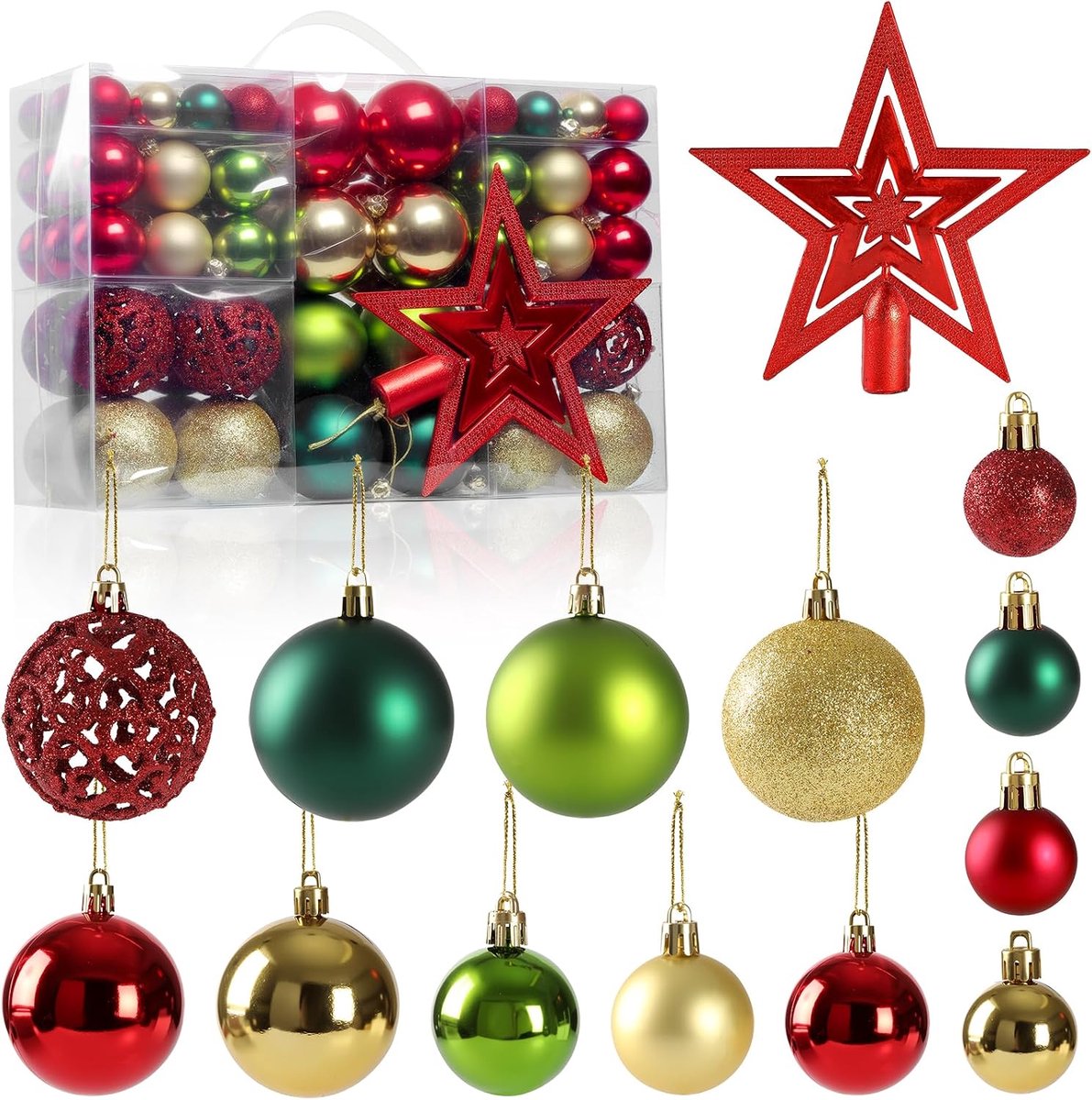 Kerstballenset, 101-delig, 100 kerstballen + 1 boompiek, onbreekbare kunststof kerstboomversiering met doos, kerstdecoratie voor binnen en buiten