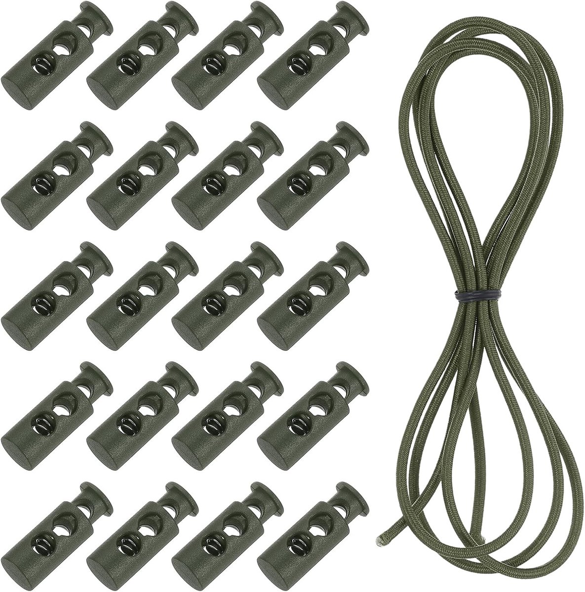 20 stuks koordstoppers met 2 gaten met 1 meter elastisch schoktouw, kunststof touwstopper, veersluiting met stretch trekkoord voor rugzak, tassen, paracord, legergroen