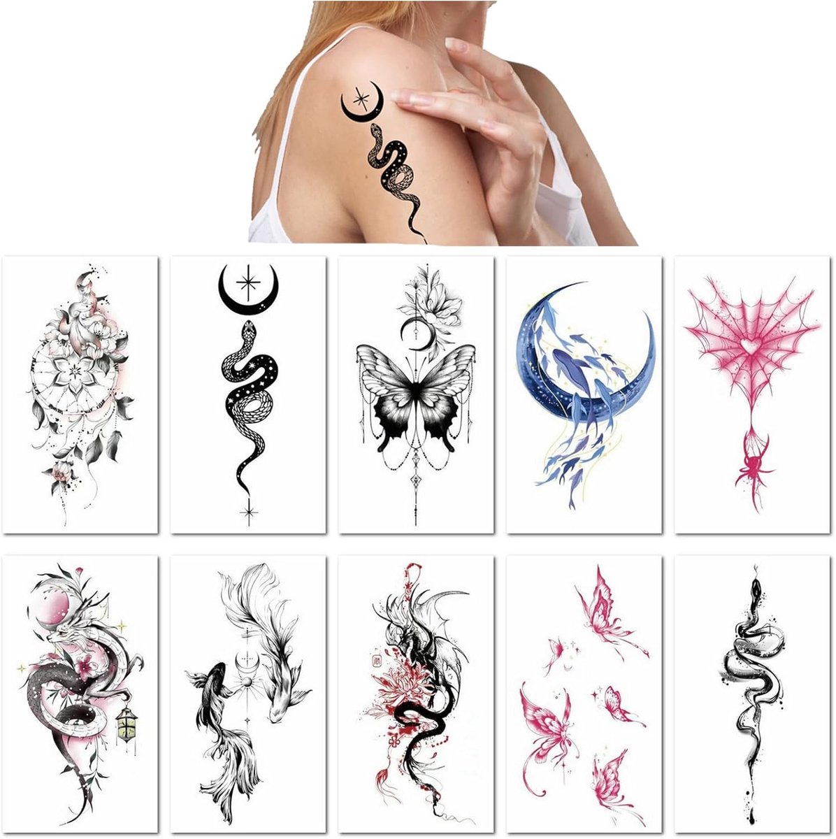 Tijdelijke Tattoo Stickers Artistieke Slang Vlinder Maan Bloemmotieven Waterdichte Sleutelbeen Sticker