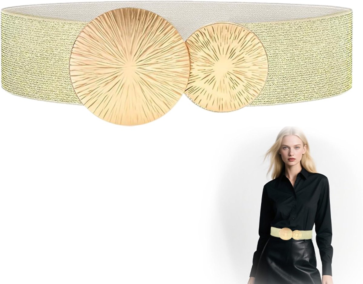 brede riem voor jurk – ronde gouden gesp, hoge taille accentuerend, rekbaar, ademend, elastische riem voor dames, chique accessoire voor zowel gedresseerde als vrijetijdsoutfits