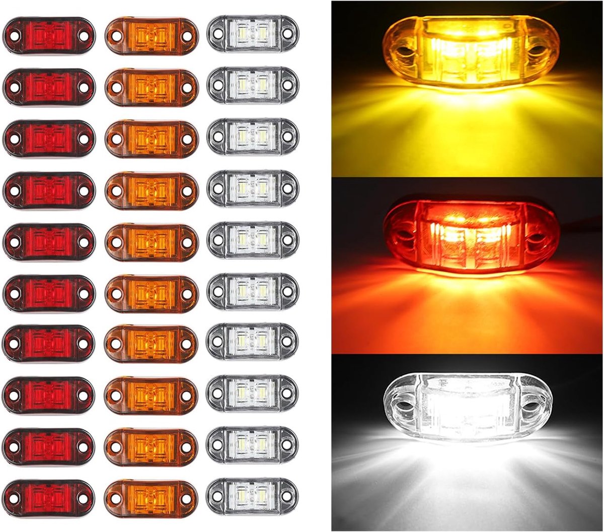 30 x sjabloonlicht voor aanhanger, led, 24 V, vrachtwagen, 12/24 V, zijmarkeringslicht, aanhanger, lamp 3000 K, geschikt voor vrachtwagens, campers, caravans, enz., (rood + geel + wit)