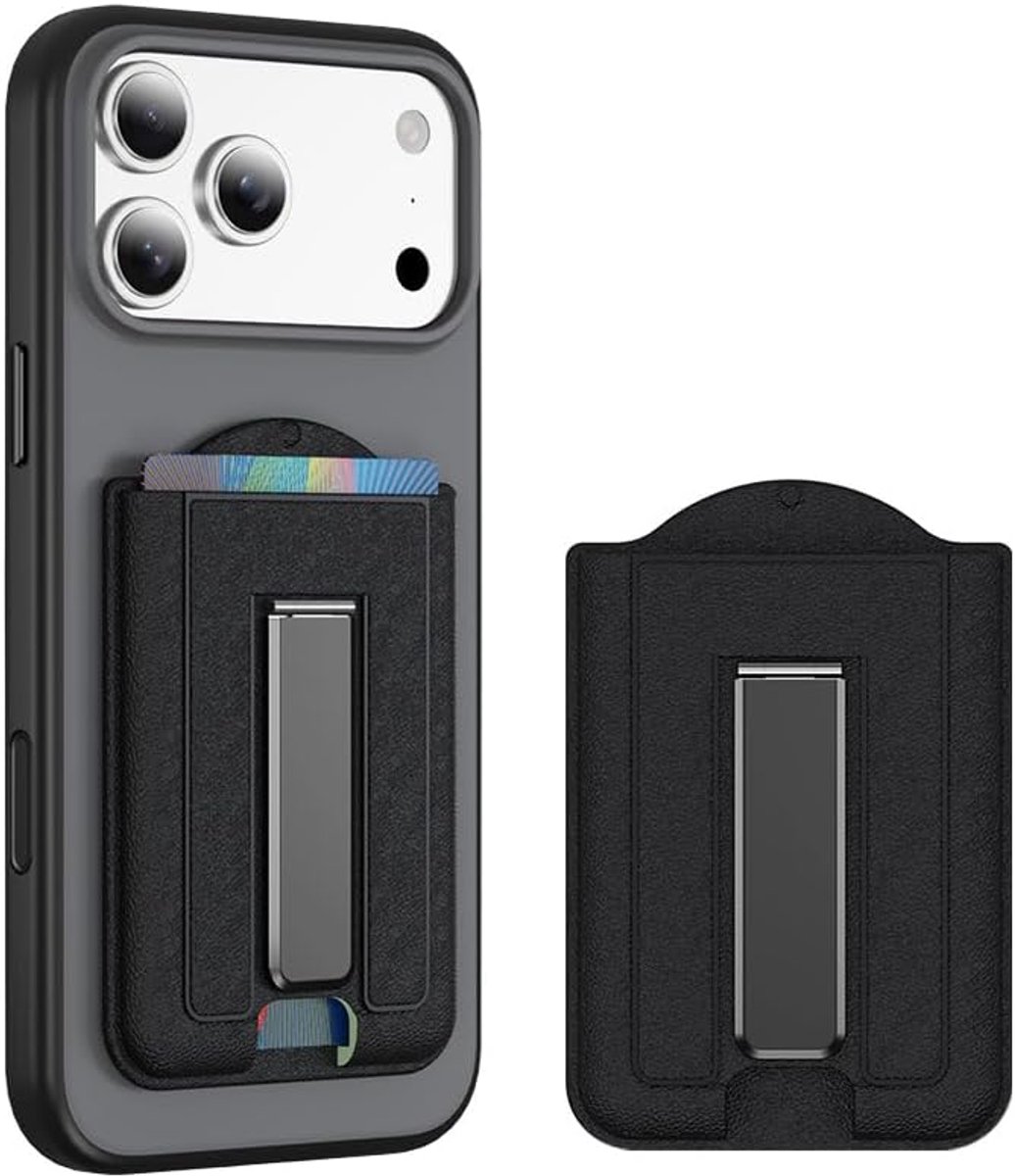 Magnetische portemonnee, compatibel met MagSafe, kaarthouder van PU-leer, met verstelbare standaard, van metaal, plakt op de achterkant van iPhone 16/15/14/13/12, blauw, Zwart