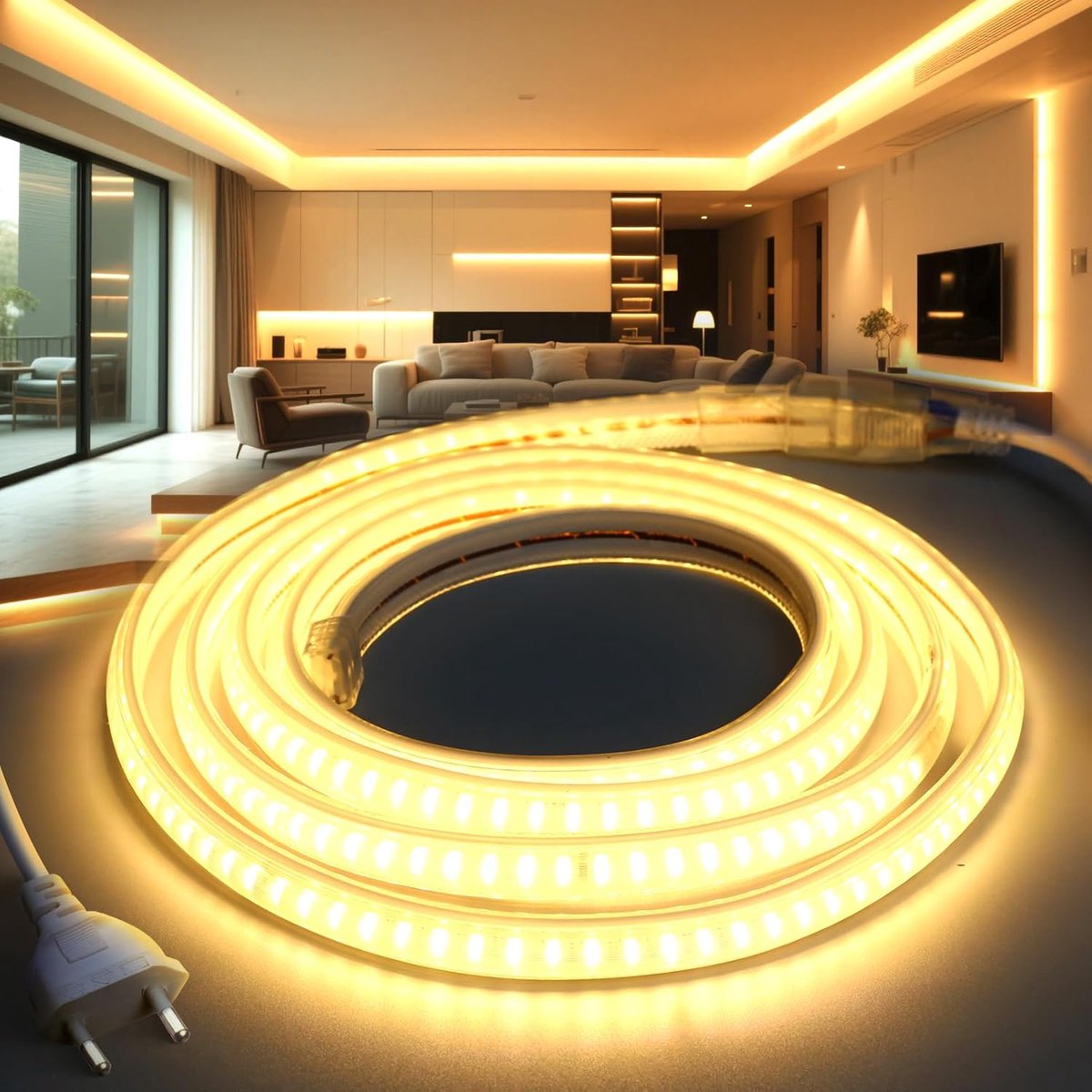Neon Ledstrip 220V 10M Warm Wit 3000K, 145LEDS/m IP65 Waterdicht, Flexibel LED Strip met Netsnoer Schakelaar, Voor Slaapkamer Binnen Buiten Tuin Feest Decoratie Keuken Interieur