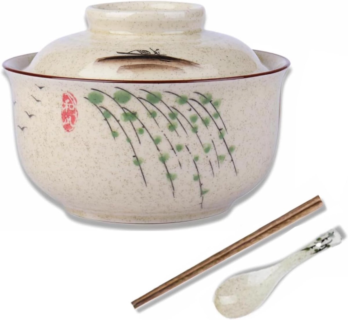 Soup Bowl Set, 800 ml Ramen Bowl (eetstokjes lepel), grote Japanse Noodle Bowls, Traditionele Aziatische serviesset, voor Udon, pasta, fo, Soba, Cereal & Salad (rieten)