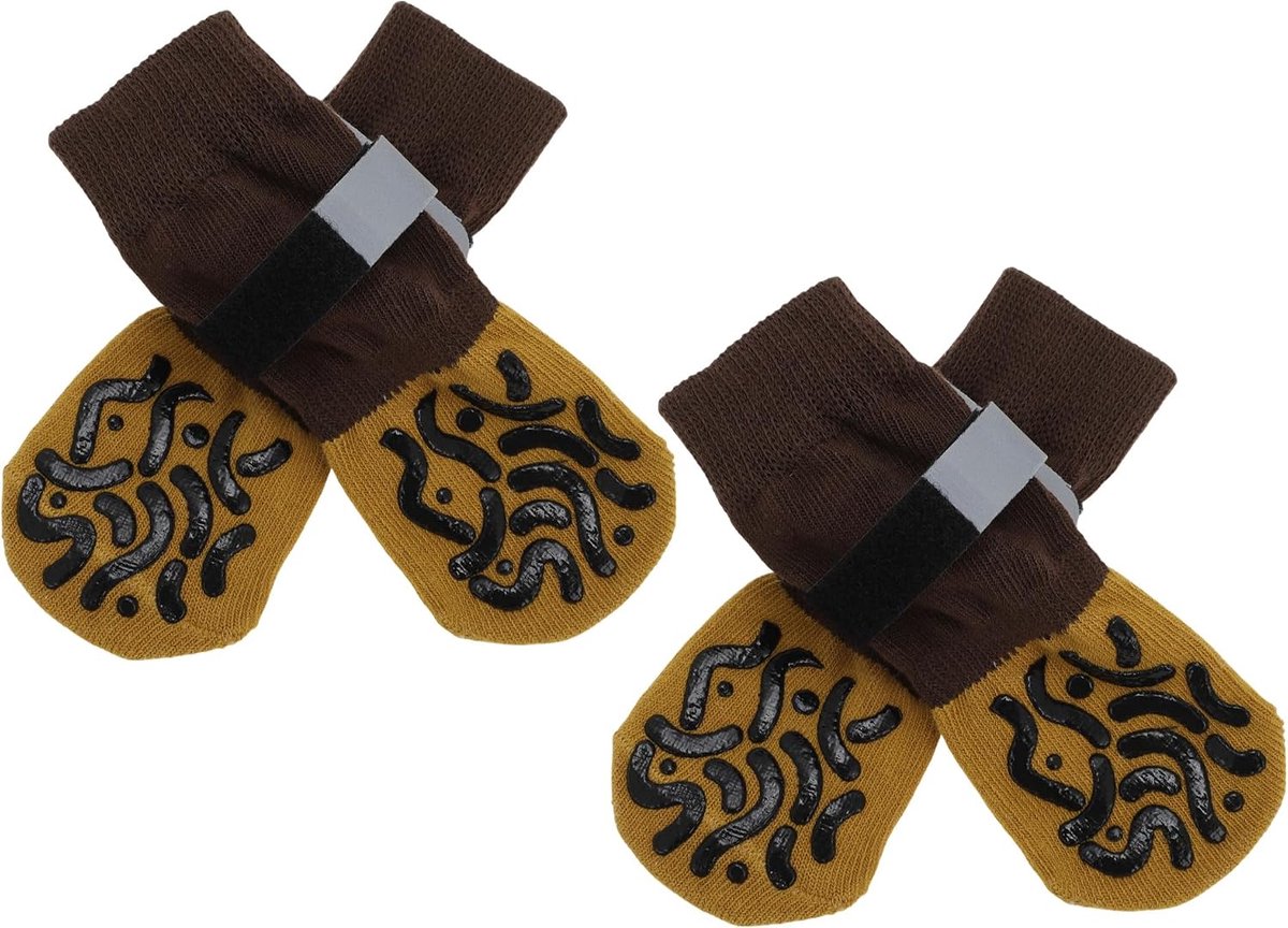 4 stuks antislip hondensokken met reflecterende verstelbare banden, huisdiersokken voor honden, pootbescherming voor houten vloeren, bruin, groot