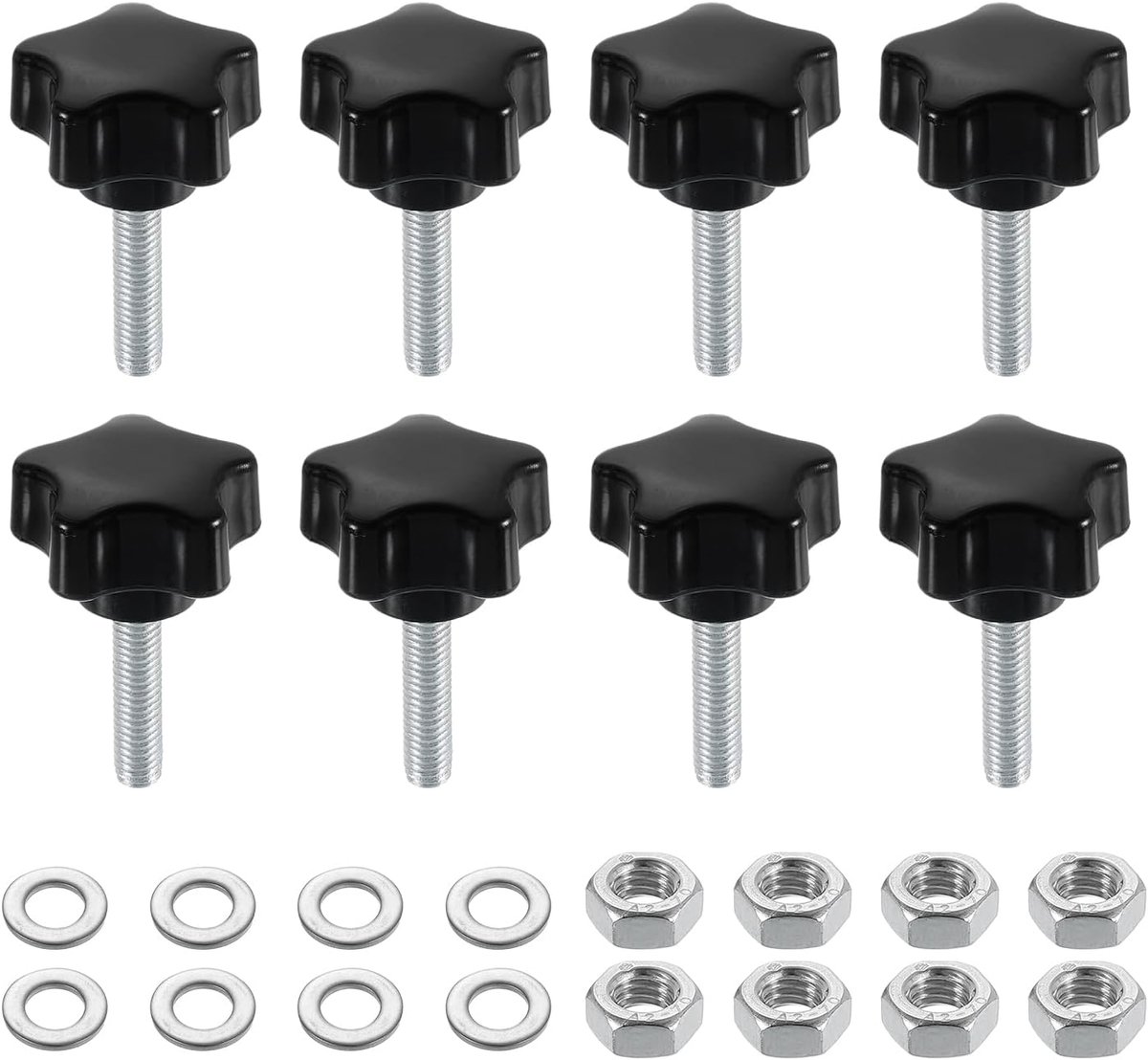8 stuks sterklemknopen met moeren sluitringen, M5 x 20 mm metrisch verzinkt koolstofstaal schroefdraad 25 mm 5-sterren kunststof schroefdraadstift handknoppen handgrepen duimschroeven