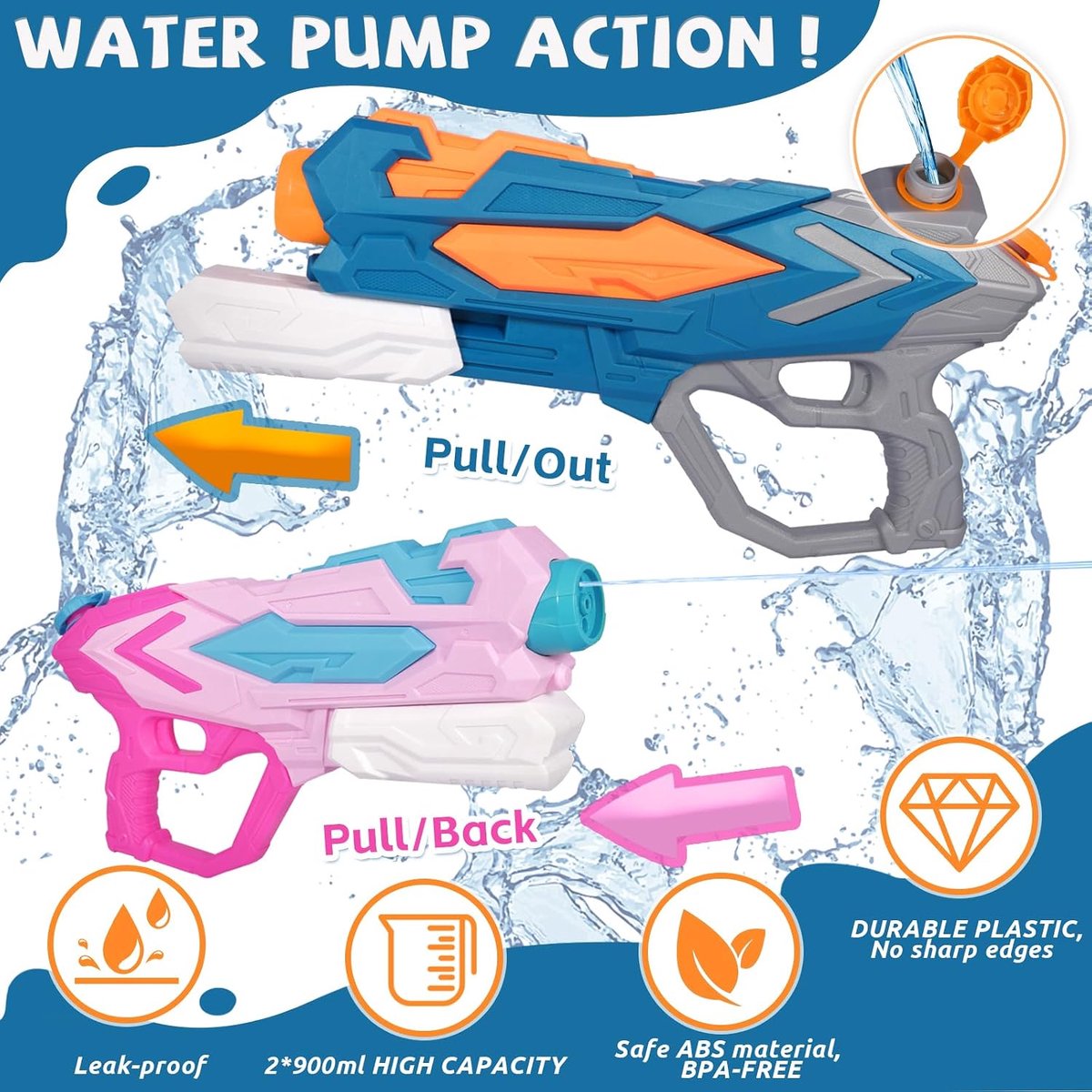 2 x waterpistool voor kinderen, waterpistool met vochtcapaciteit van 900 ml, waterpistool, lang bereik van 6-8 meter, waterspeelgoed voor kinderen en volwassenen