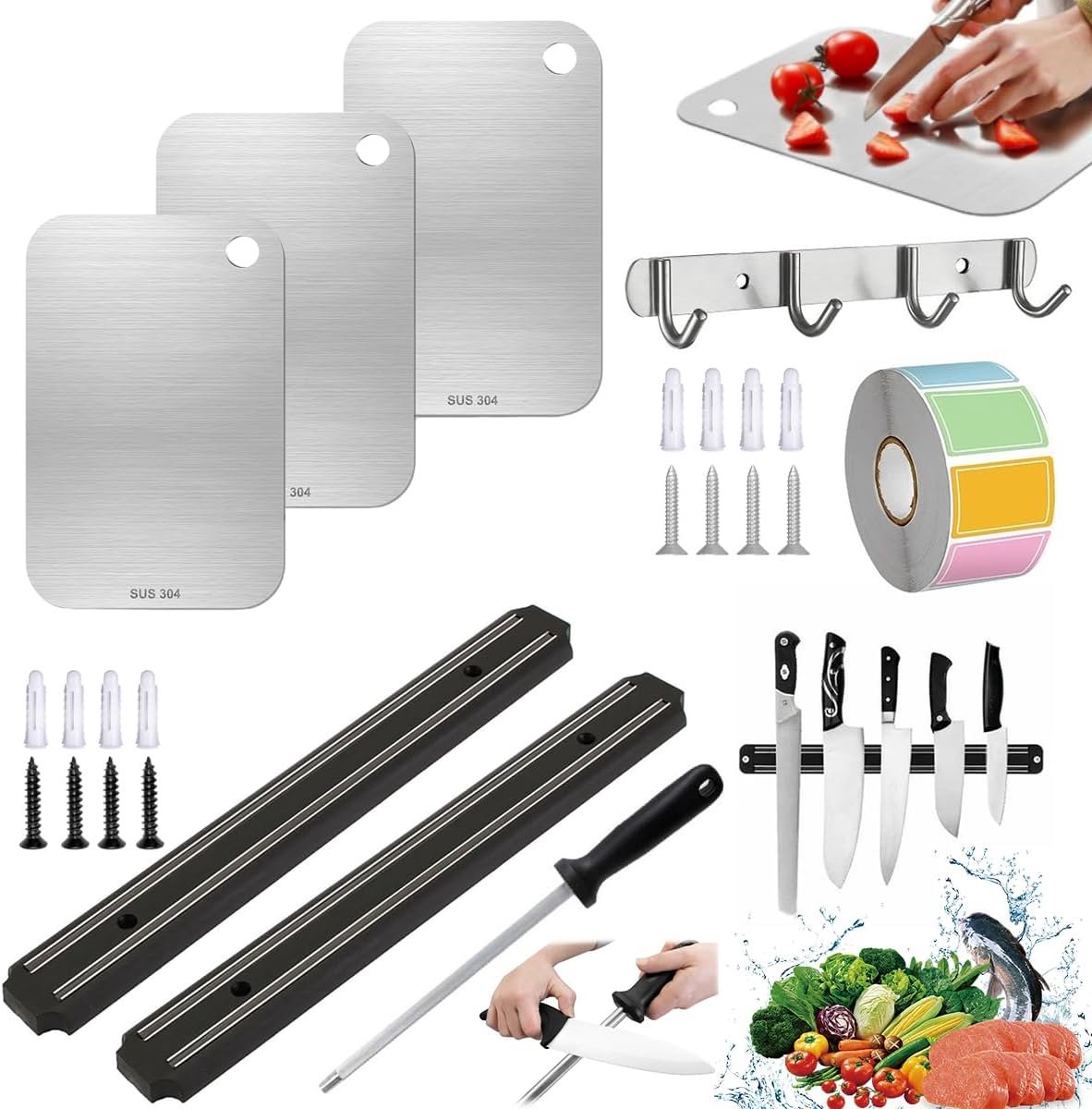 3 stuks snijplanken van roestvrij staal, 23,5 x 14,5 cm, titanium | snijplank, 2 magnetische messenhouders, 33 cm, magnetisch messenblok, 29 cm slijpstaaf, met haken, etiketten, voor keuken