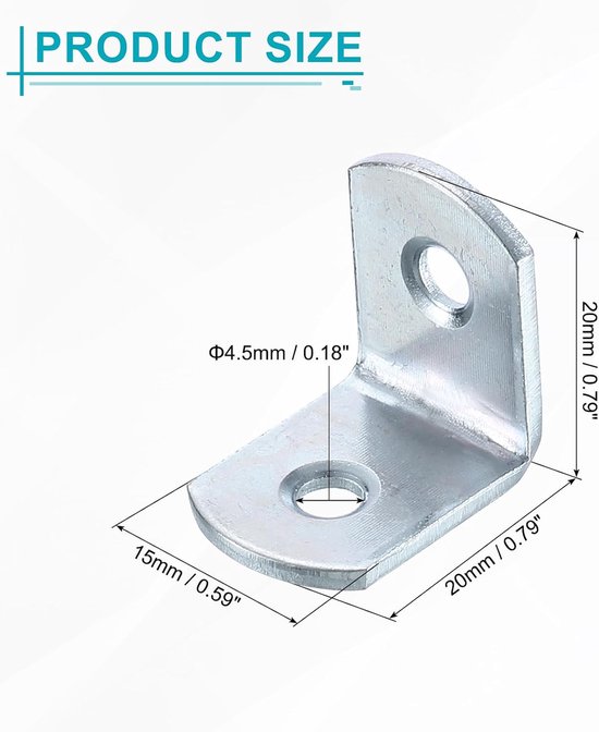 20 stuks L-hoekhoeken, metalen verbinders, haakse hoekklemmen met afgeronde hoeken en schroeven voor houten planken, zilver, 20 x 15 x 20 mm — afbeelding 5