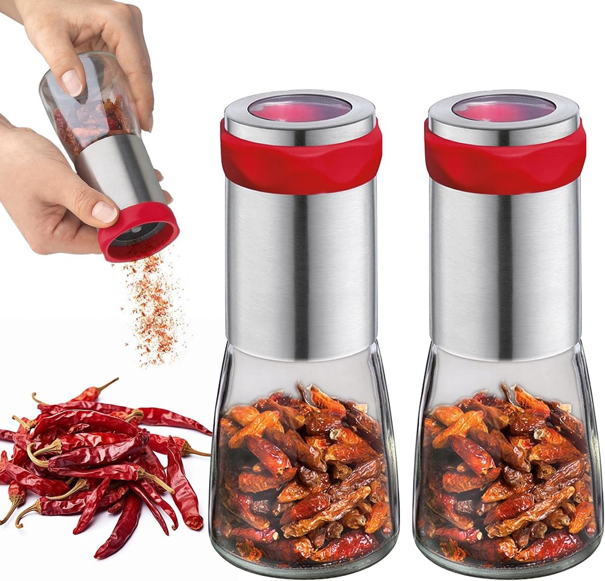 Set van 2 chilimolen, 140 ml, glazen chilisnijder, kruidenmolen, chilimolen van glas, chilimolen, chilimolen met roestvrijstalen snijblad, snijdt ook andere grove kruiden voor grove specerijen, chili