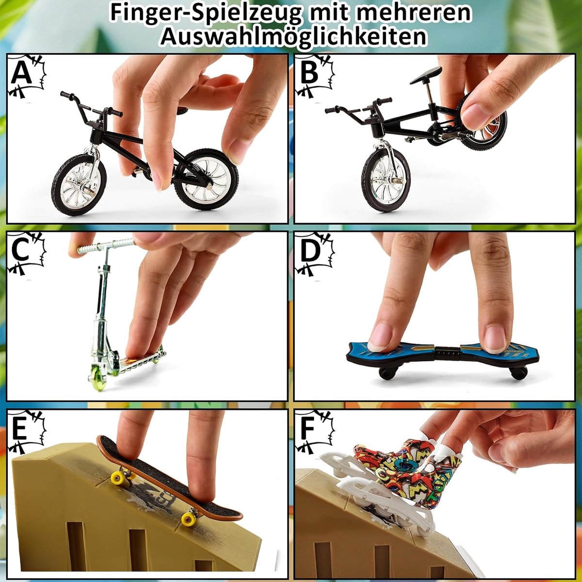 Skateboards, incl. vingerscooter, vingerfiets, vingerroller, vingerschoenen, reservewielen, gereedschap, vingerkleding, vingerskateboard, speelgoed, geschenken