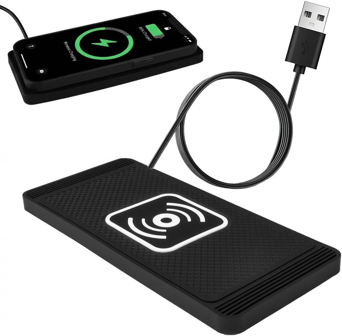 Draadloze autolader 15 W Qi antislip basis | Oplaadpad compatibel met iPhone en Samsung. Siliconen ontwerp voor veilige stabiliteit.