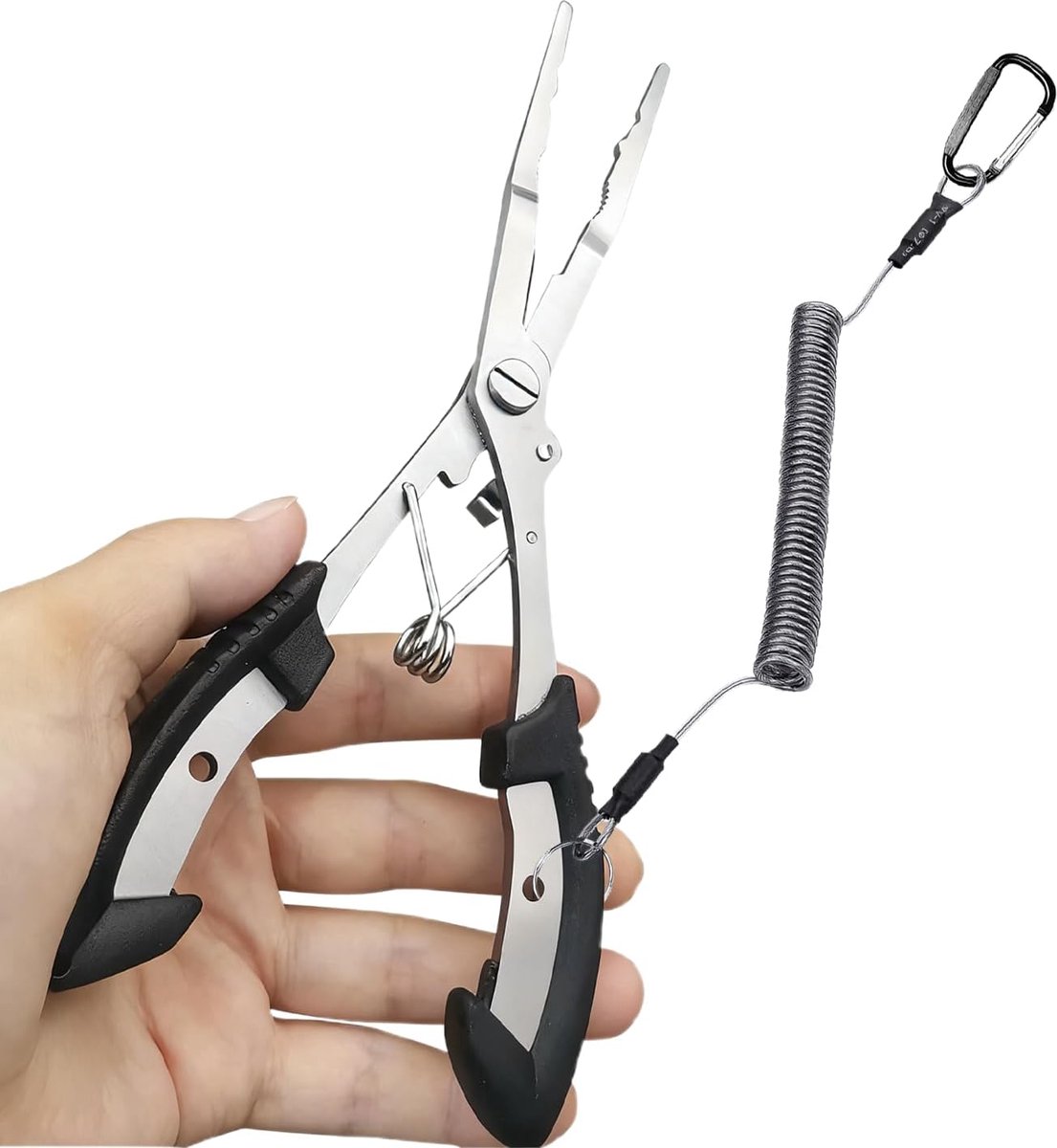 304 RVS Vismultitool met anti-verlieskoord | Haakverwijderaar & Lijnsnijtang voor snoek/karpervissen | Zout- & zoetwater hengelsport accessoires (Zwart)