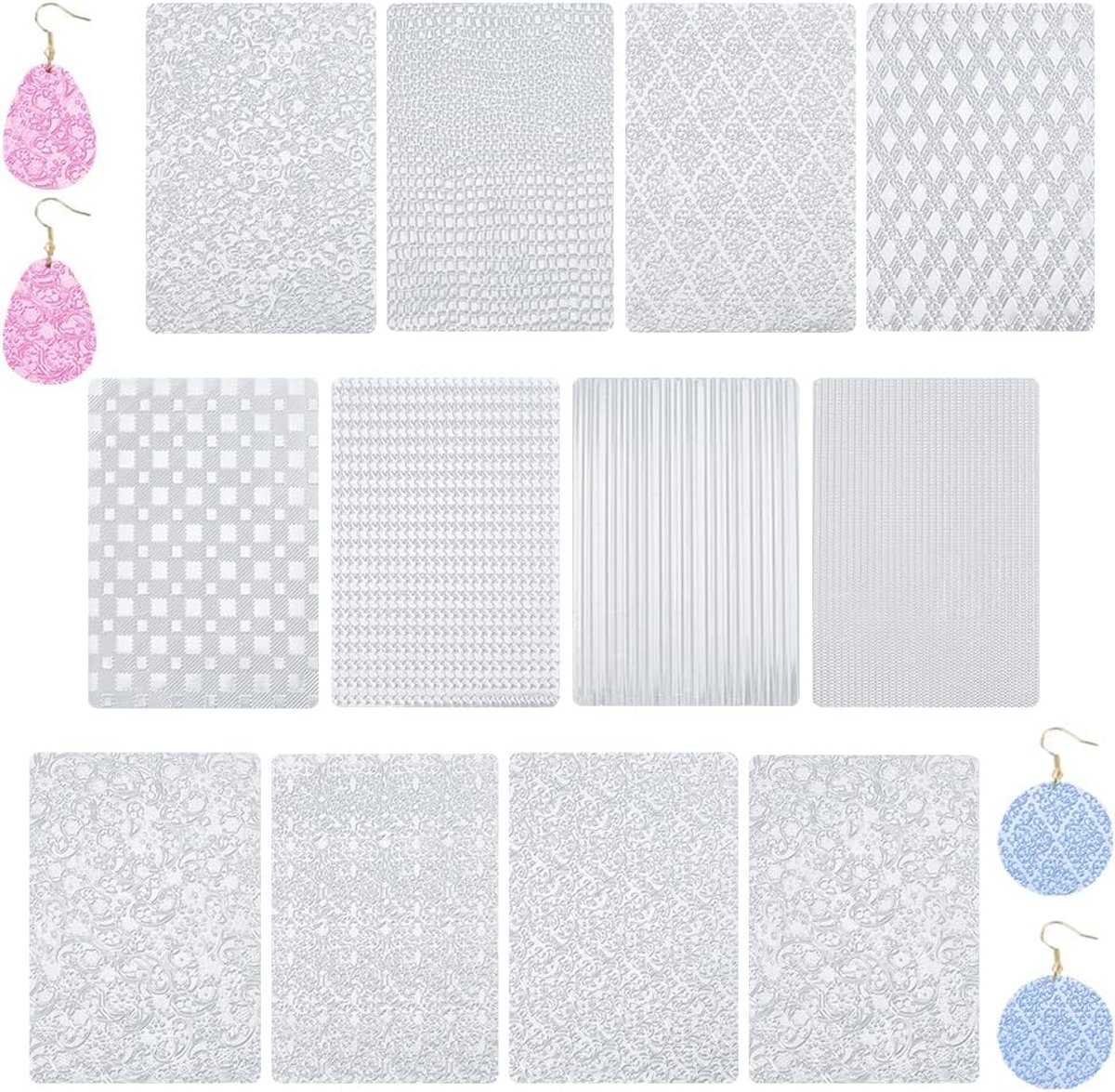 12 polymeer stempelmatten, textuurplaten, doe-het-zelf modelleermassa, textuurmatten, helder, voor oorbellen, sieraden maken, knutselaccessoires, handwerk, 12 x 25 cm