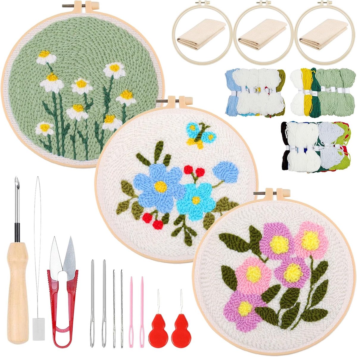 DIY Naald Punch Handwerk Borduurwerk, Punch Naald Set voor Beginners, Borduurdoek met Patroon, Borduurframe Draden, Handleiding (Witte Blauwe en Paarse Bloemen)