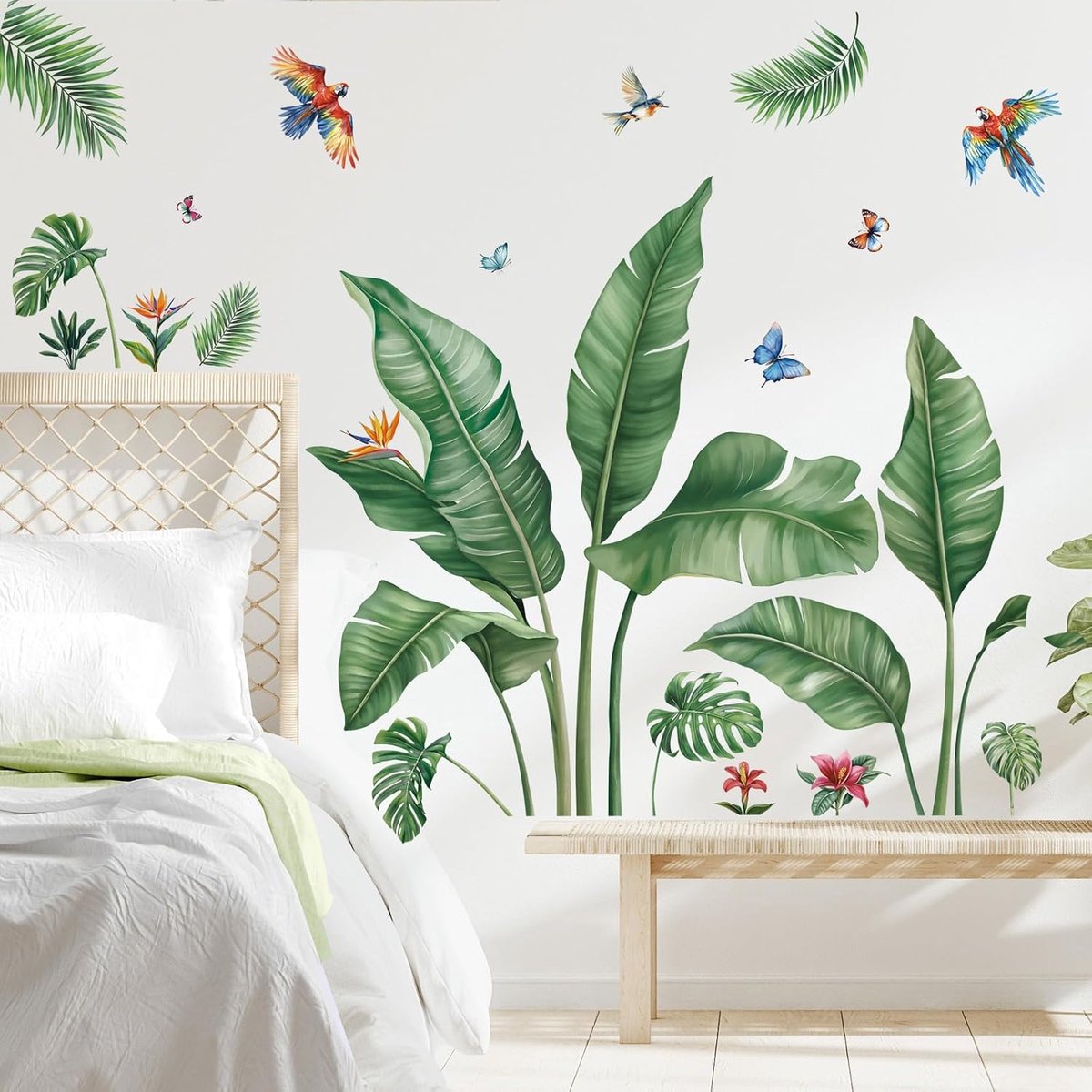 Muursticker met palmbladeren Peel and Stick, Vinyl Tropisch Blad Muursticker, Muurdecoratie Kunst Woondecoratie voor Slaapkamer Woonkamer Kantoor