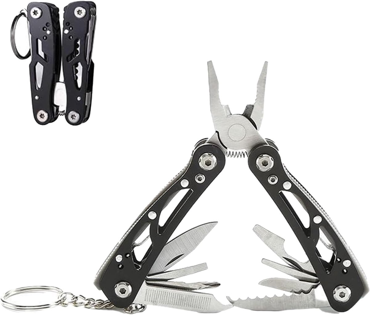 12-in-1 zwart multitool, multitool, roestvrij stalen messen en gereedschappen met tas, mini multitool, multifunctionele tang voor kamperen, repareren, outdoor, survival, doe-het-zelf