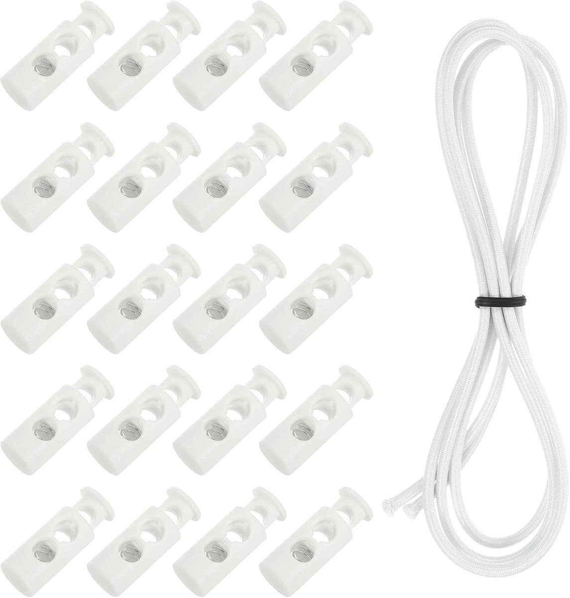 20 stuks koordstoppers, 2 gaten met 1 meter elastisch schoktouw, kunststof touwstopper, veer, knevelsluiting met stretch trekkoord voor rugzak, tassen, paracord, wit