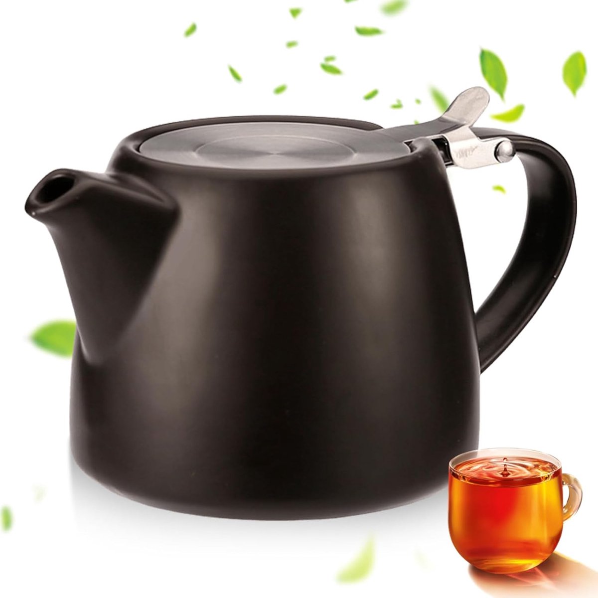 Theepot met zeef, 500 ml keramiek zwart, porseleinen theepot, thee-accessoires - theemaker voor losse thee, geïsoleerd en druppelvrij, langdurige warmte, theepot aardewerk