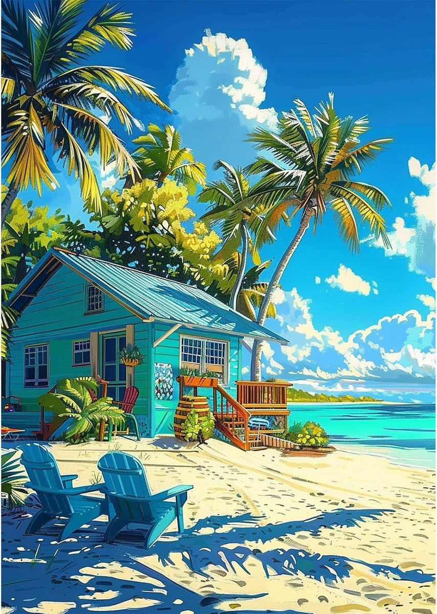 Blauw Strandhuis Diamant Schilderij Set voor Volwassenen,5D Palmboom en Schommelstoel Diamant Schilderij,DIY Volboor Sierkunst Huisdecoratie 30x40cm