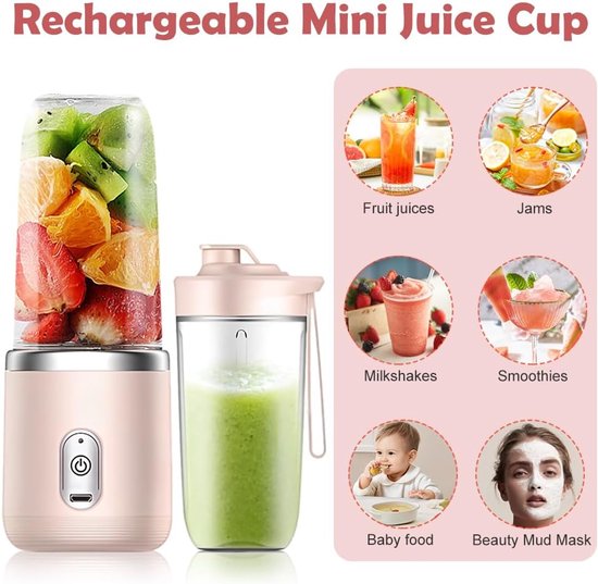 mixer, 400 ml draagbare blender met reservebeker, USB oplaadbare mixer smoothie maker om mee te nemen, staande mixer klein met 6 messen, mini-blender voor milkshakes, sappen — afbeelding 3