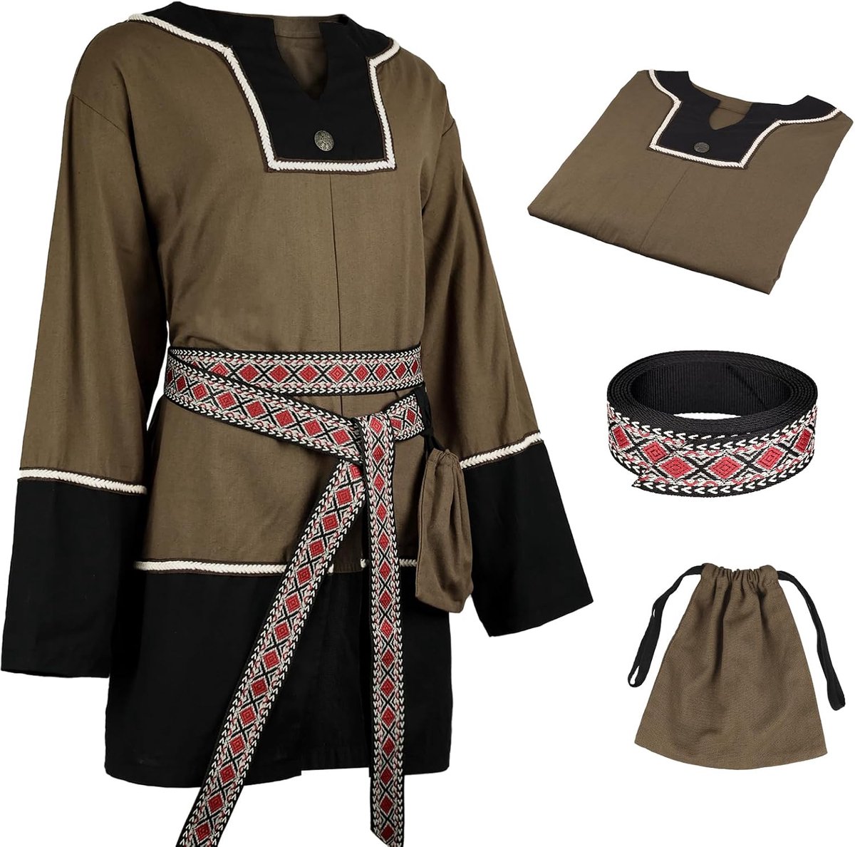 3-delige Middeleeuwse Tunieken Set - Renaissance Lappenwerk Top, Trekkoord Canvas Tas, Gordel & Linnen Tas Piratenhemd voor Cosplay