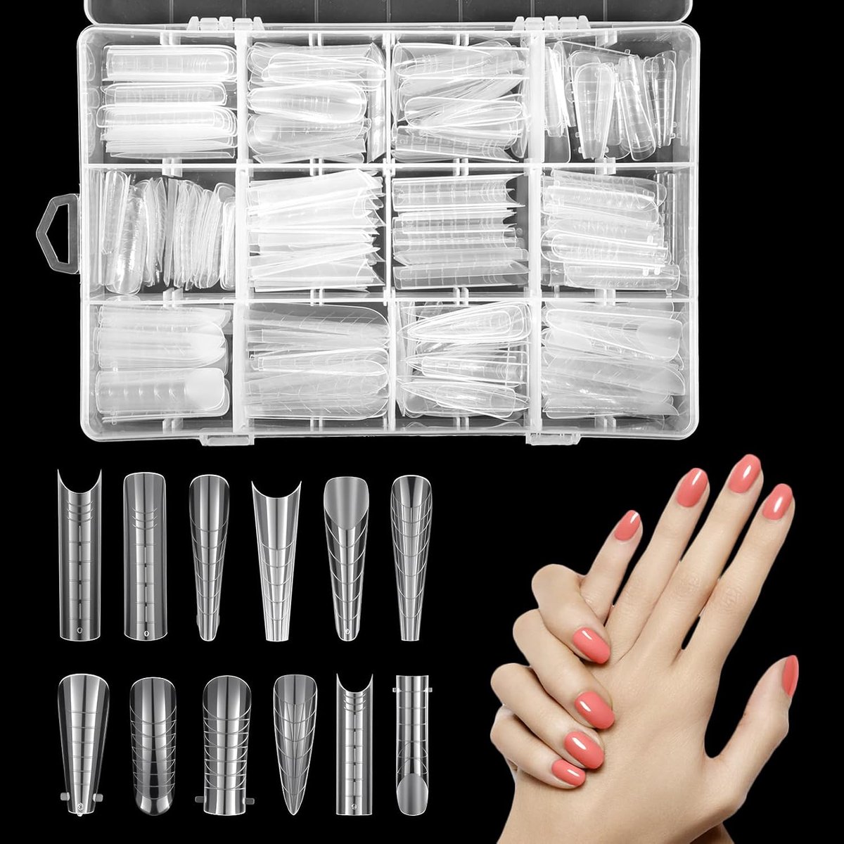 288 stuks dubbele nagelvormen - 12 stijlen - Polymeer gel - Met duidelijke schaallijnen - Voor manicure verlengingen, nail art, salon design