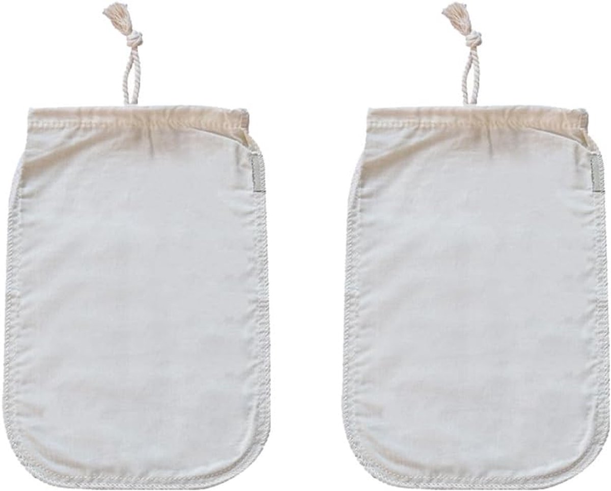 2 Stuks katoenen notenmelkzak, filterzak met trekkoord, Filterdoek Wasbaar, voor jam, levensmiddelen, yoghurt, sap, koffie, thee, koken, keuken (18 * 30cm)