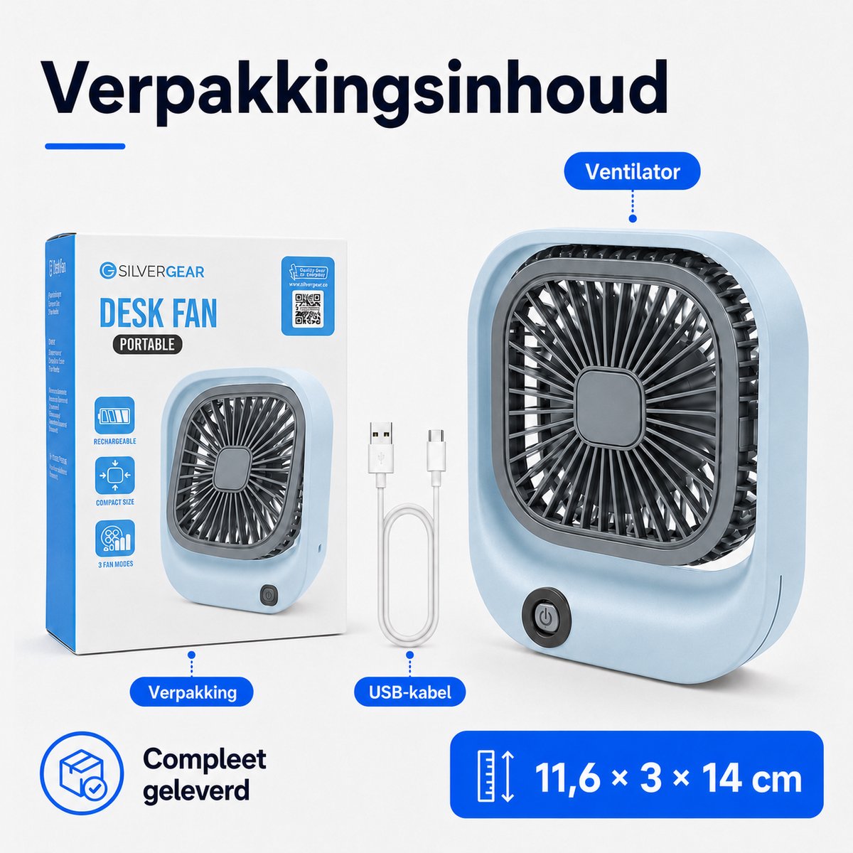 Kleine Draagbare Bureauventilator - Compacte USB-C Ventilator - Mini Tafel Ventilator 3 Standen - voor Auto, Kantoor & Onderweg - Lichtgewicht Mini Desk Fan - Kleine Oplaadbare Ventilator - Handventilator Oplaadbaar - Handwaaier - Blauw - Silvergear — afbeelding 8