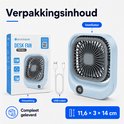 Lichtblauwe compacte ventilator met USB-kabel en verpakking met tekst 'Verpakkingsinhoud'. Afmetingen: 11,6 x 3 x 14 cm.