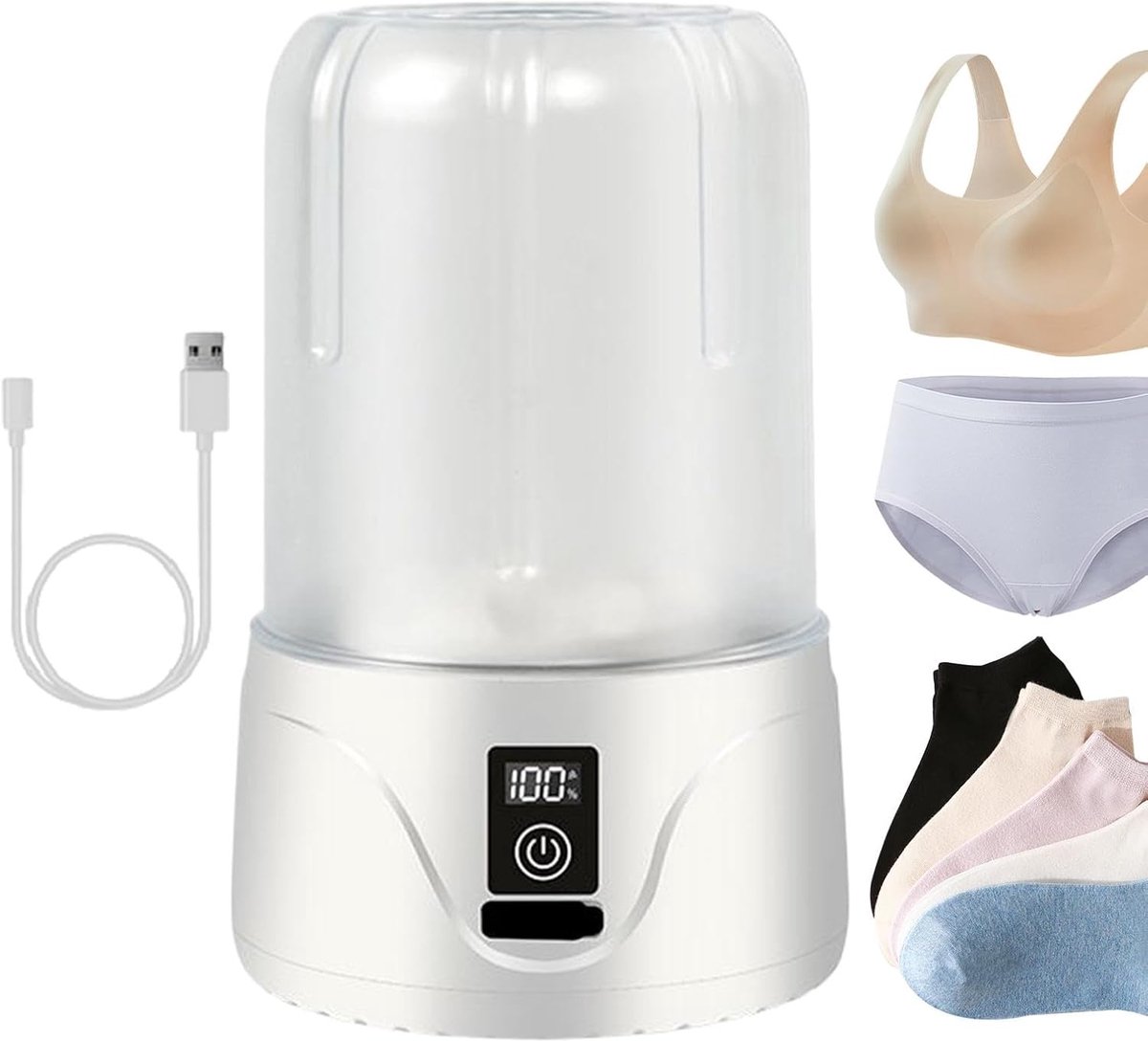 Ondergoed Wasmachine Draagbare Wasmachine Reizen en Kamperen USB Oplaadbaar 1 Liter Capaciteit Wit