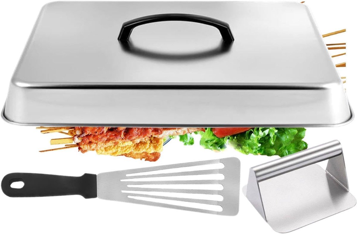 Burgerpers Set - Kaas Smeltkap - Gelijkmatig Grillen - Roestvrij Staal - 30 x 23 x 8.4 cm - Zilver