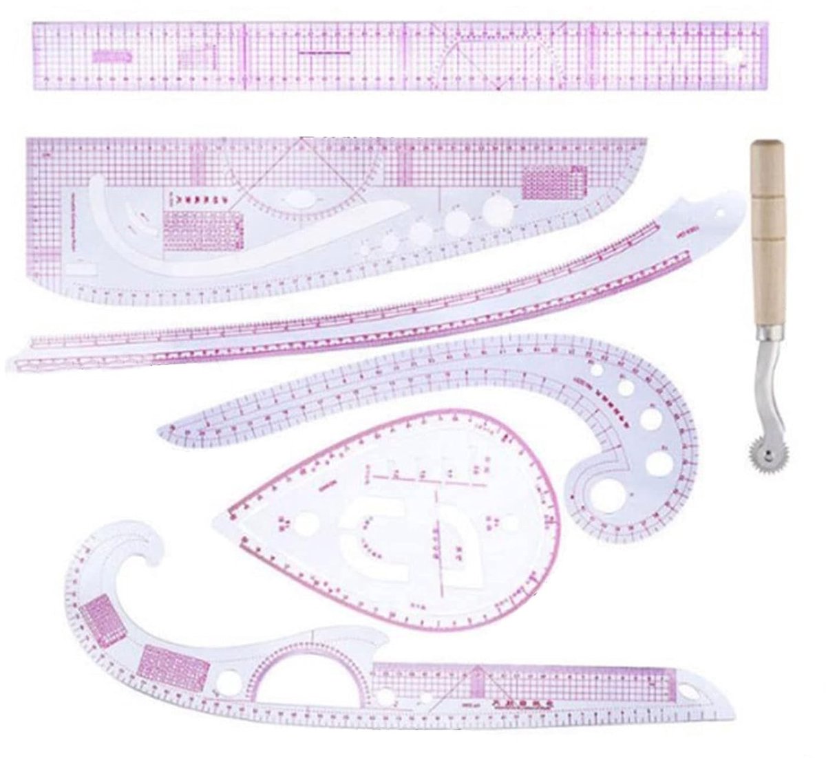 Naailiniaal Set - Kleding Linialen - Patronen Tekenen - 7 Delig PVC - 60 x 16 cm - Transparant