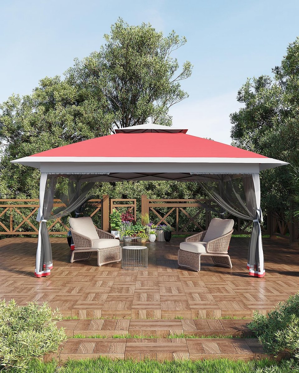 Partytent met 4 Mesh Zijwanden - 360x360x300cm - Waterafstotend Paviljoen met Muggennet - Pop-up - Geventileerd Dak - Draagtas op Wieltjes - Voor Tuin Terras Feest - Rood