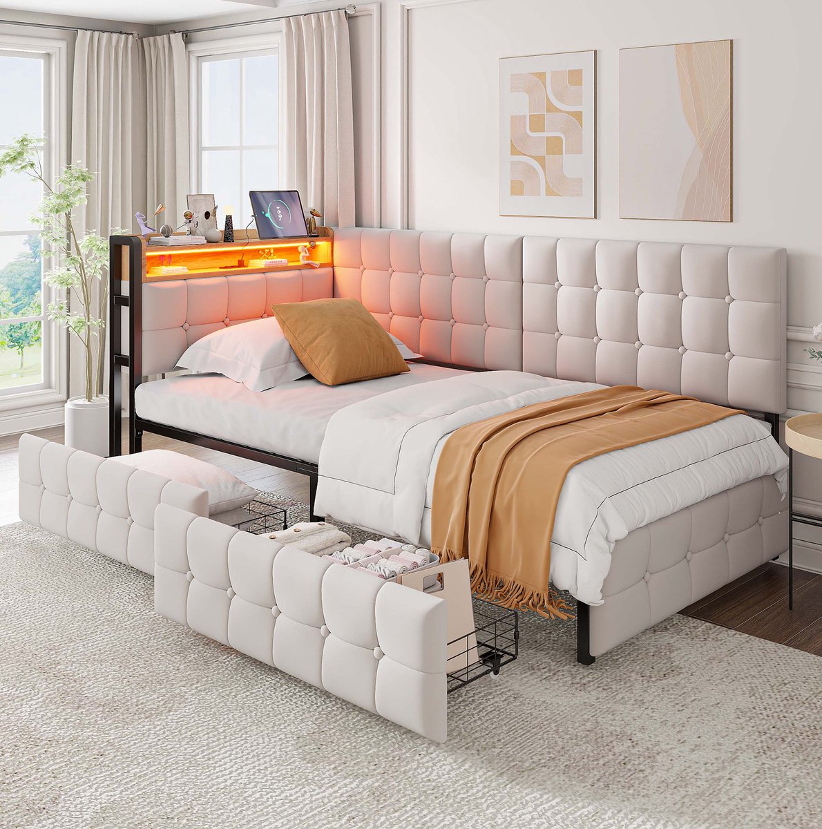 MEUNIQ slaapbank 90x200 cm met 2 lades, LED-hoofdbord, USB- en Type-C-aansluiting, gestoffeerd eenpersoonsbed voor slaapkamer of logeerkamer, beige