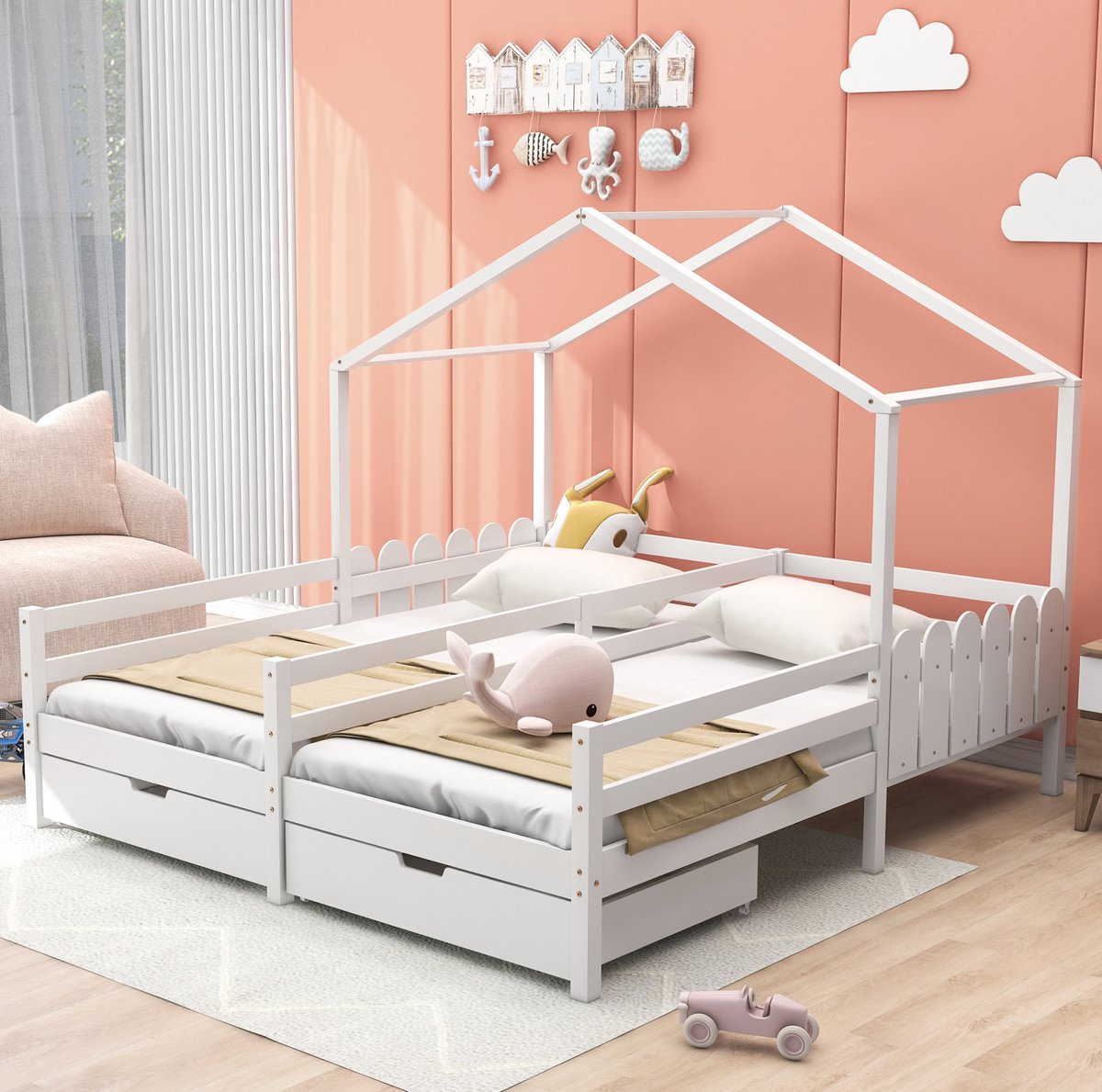 MEUNIQ kinderbed dubbel huisbed 200x90 cm met 2 lades op wielen, lattenbodem, uitvalbeveiliging aan 3 zijden, wit, voor kinderkamer