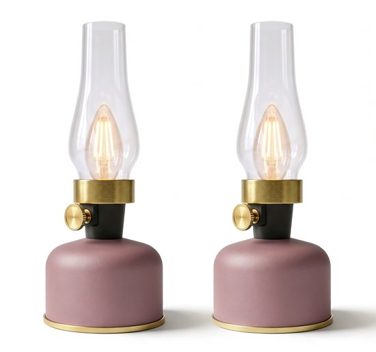 Deux lampes de table rechargeables roses avec abat-jour en cristal, anneau doré et bouton variateur, sur fond blanc.