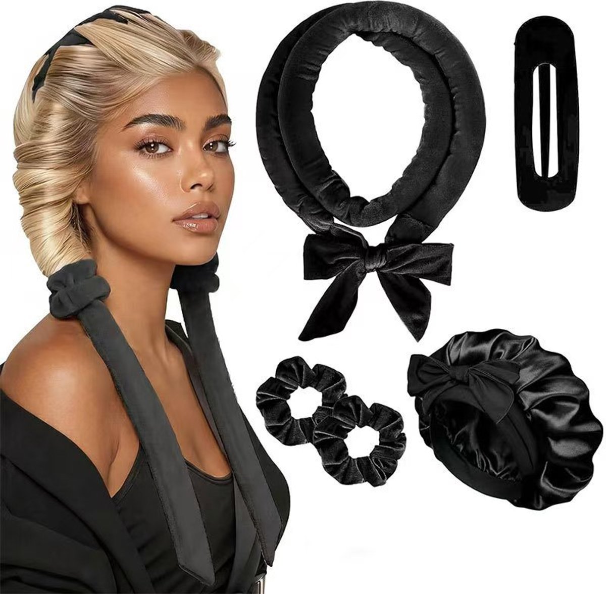 Deze set met hittevrije krultang bevat een zachte en comfortabele haarband, geschikt voor krullen die je 's nachts laat zitten of voor dagelijks gebruik,Zwarte 5-delige set