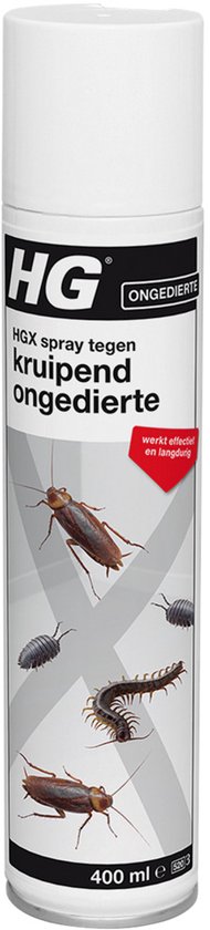 Witte spuitbus met blauw en wit etiket 'HGX spray tegen kruipend ongedierte' met afbeeldingen van insecten en een rode waarschuwing.