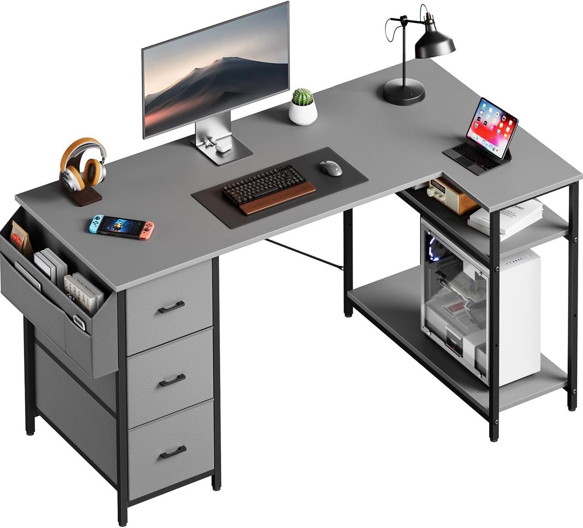 Hoekbureau met Lades - Computerbureau L-vorm - Thuiswerken - Verstelbare Opbergruimte - 120 x 80 cm - Grijs