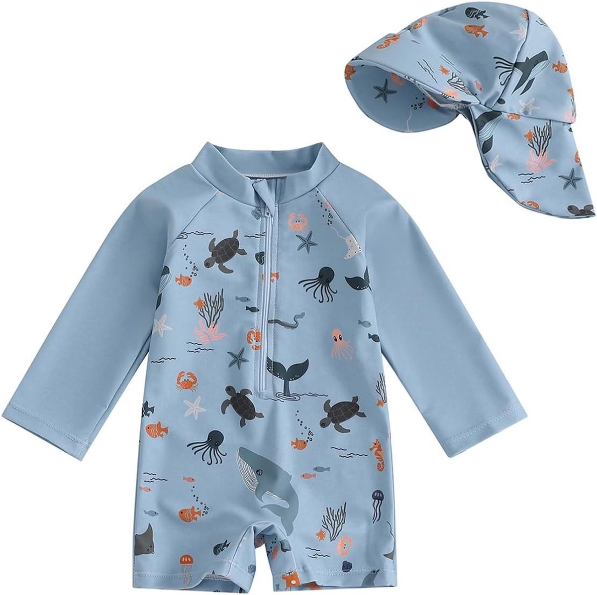 Zomerse Baby Jongens Badpak met Lange Mouwen en Zonnehoed - UV Bescherming, Zwemkleding, Strandoutfit