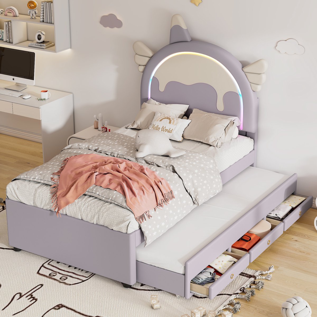 MEUNIQ Kinderbed 90x200 cm met eenhoornvormig hoofdbord, uitschuifbaar rolbed en lades, kunstleer en MDF, eenpersoons bed voor kinderkamer, paars