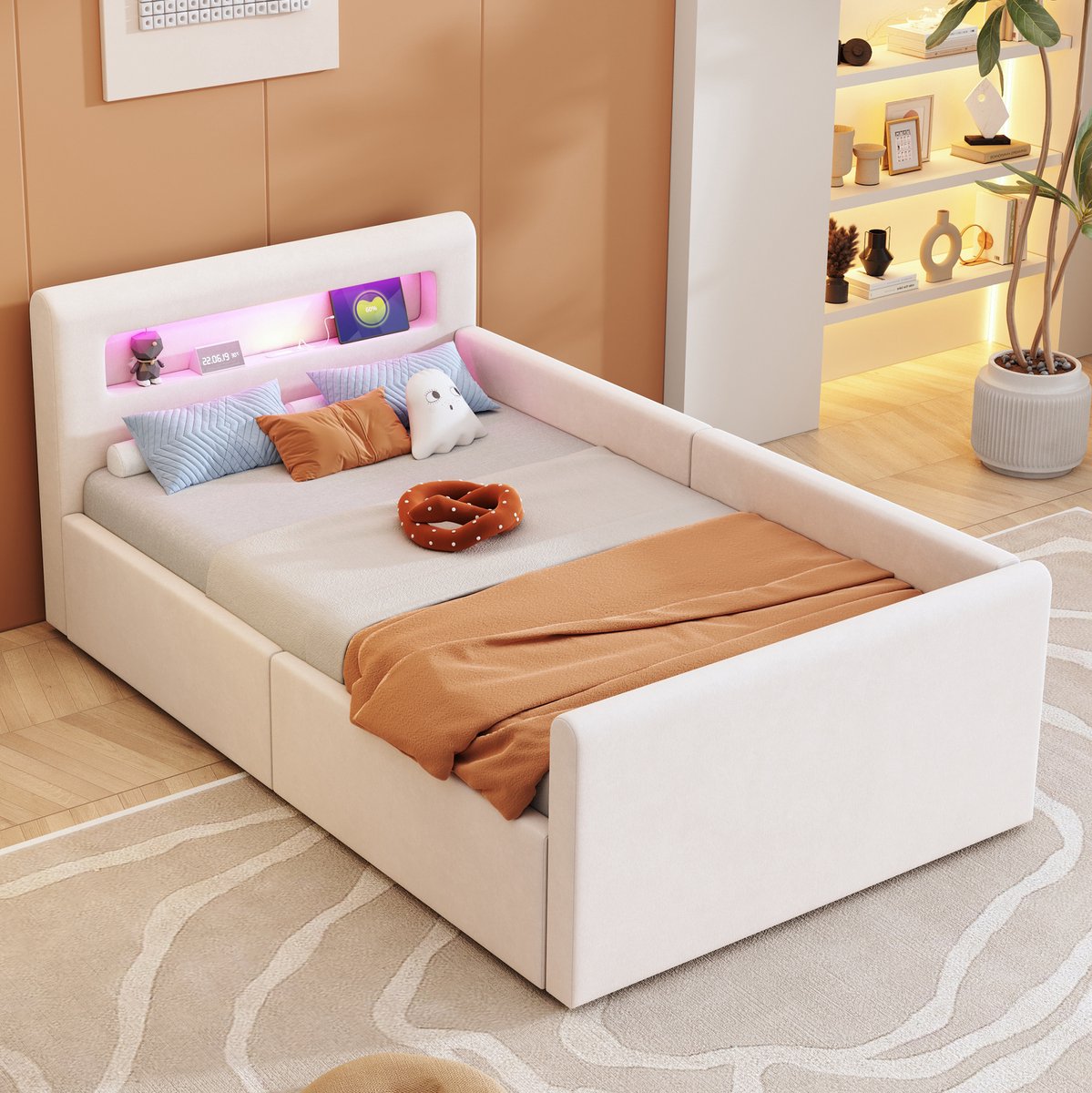 MEUNIQ Kinderbed 90x200 cm met LED-verlichting, nachtlamp, USB-aansluiting, opbergruimte en omkeerbare rugleuning, gestoffeerd eenpersoonsbed voor kinderkamer, beige